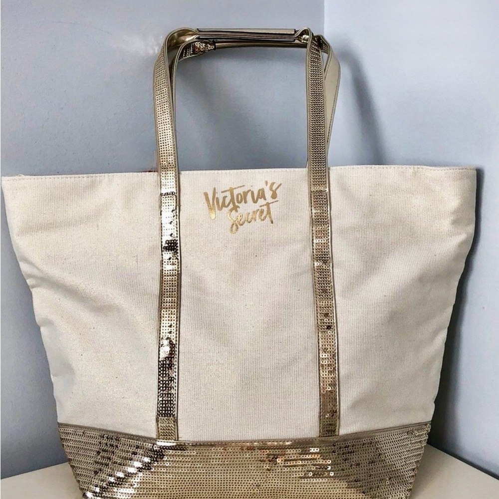 Victoria's Secret Gold and Cream Canvas Tote